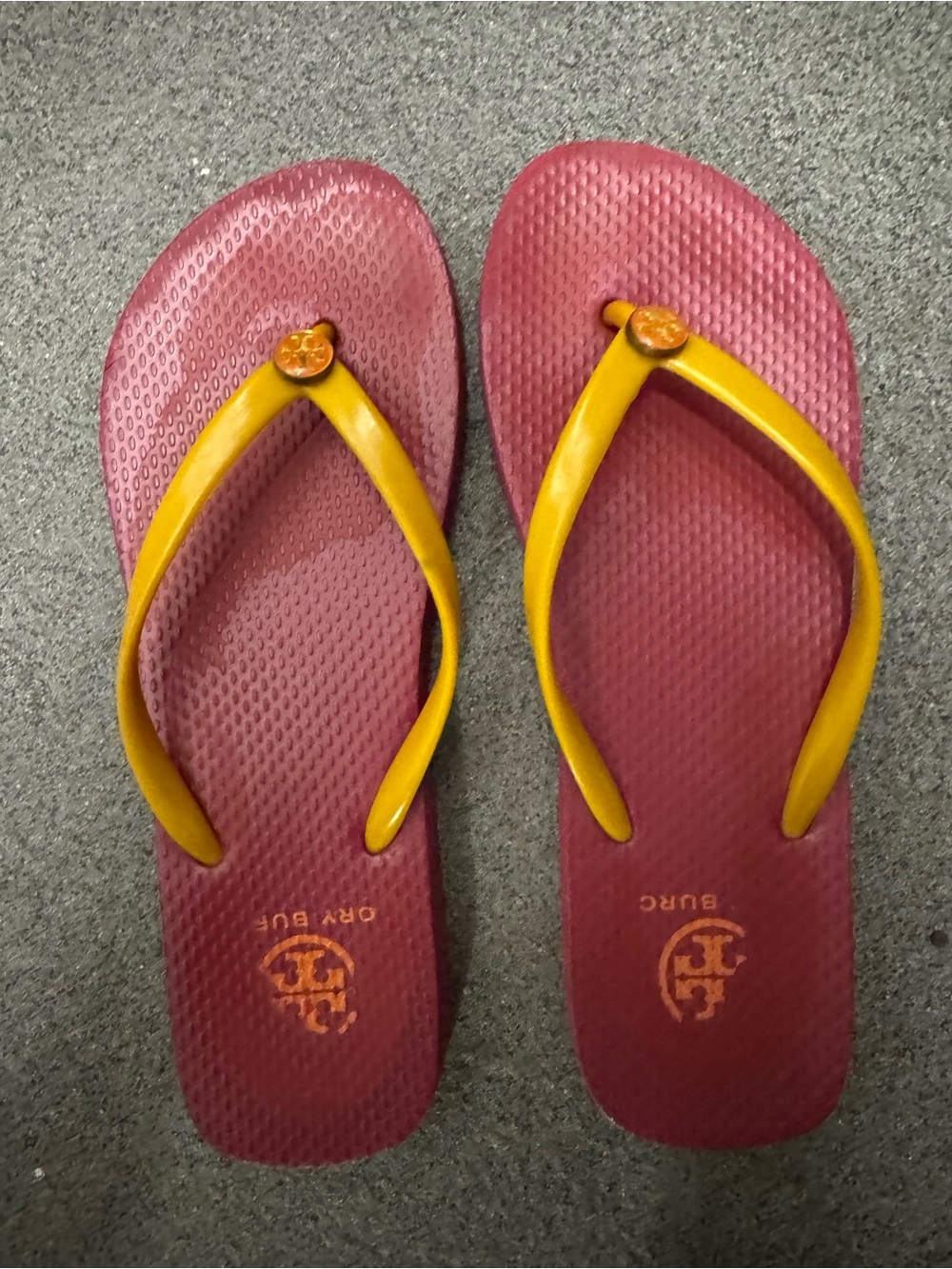Tory Burch Maroon Footbed Flip Flops with Mustard Straps
